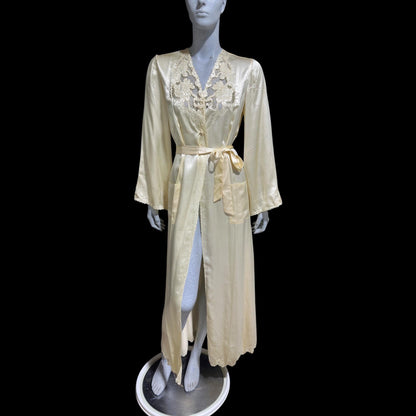 PEONY vintage 1950s dressing gown robe, 100% silk creamy white embroidered robe house coat