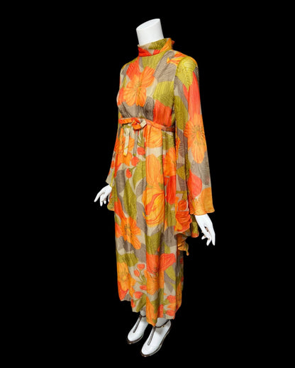 BOB BUGNAND Sam Friedlander,  Martha Weathered, vintage 1960s evening dress, Orange floral angel sleeves