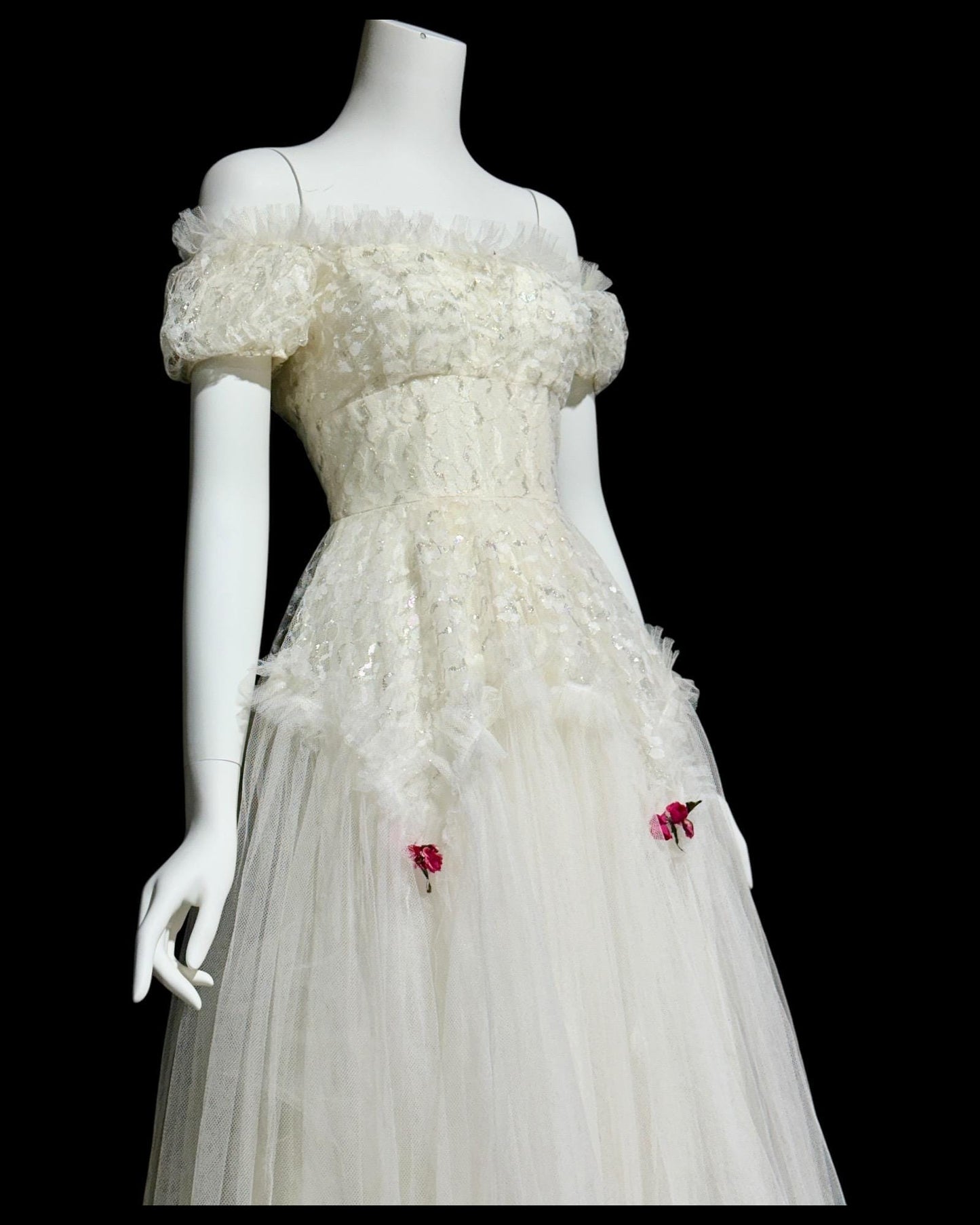 1950s vintage white prom dress, tea length net tulle cupcake evening gown, off the shoulder ball gown