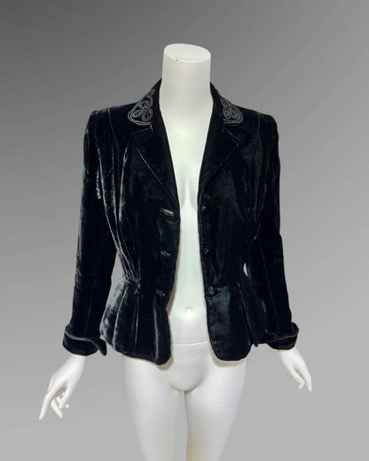 BONWIT TELLER, vintage 1940s black velvet jacket coat, fitted princess cut new look, nipped waist