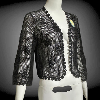 1950s vintage crochet cardigan, black 100% cotton Hand Made Shanghai cropped sweater