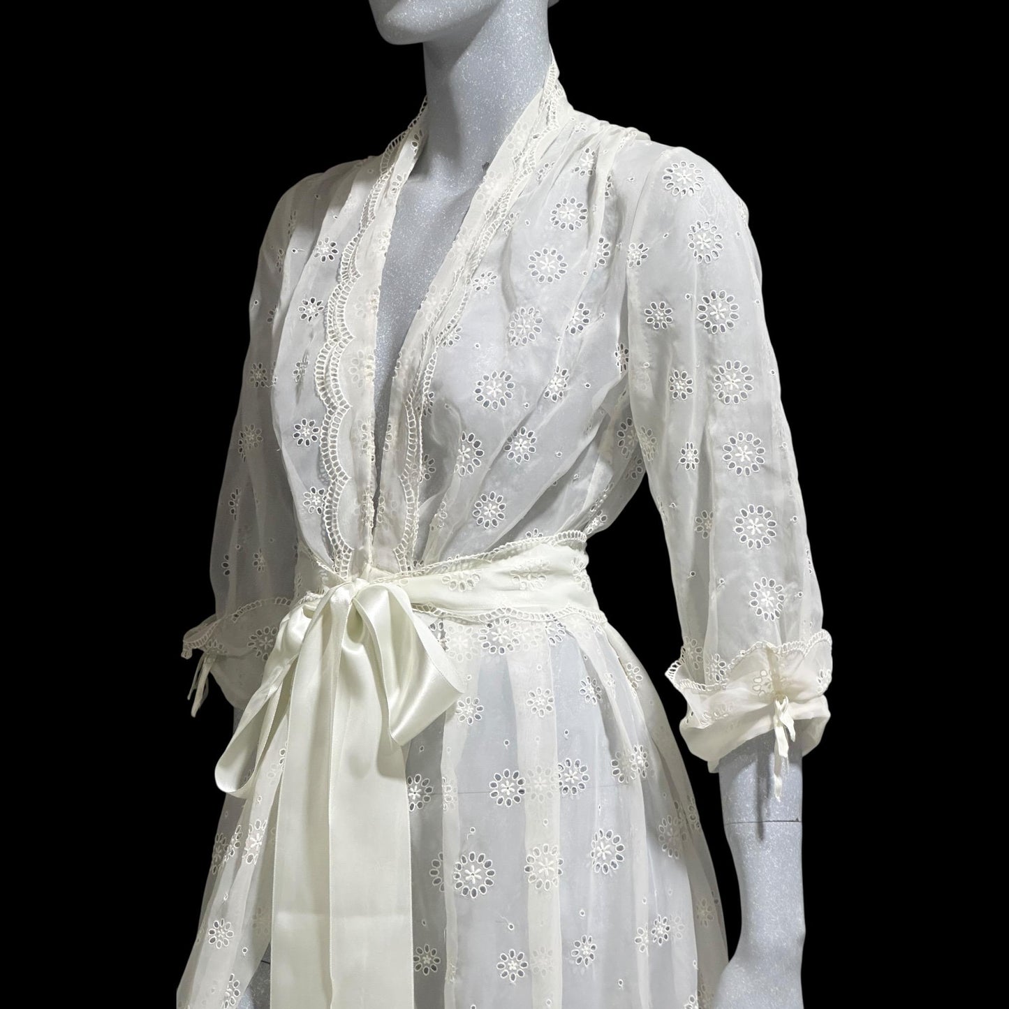 KICKERNICK Lingerie, vintage 1940s Sheer Dressing Gown: White eyelet Robe, Wrap front