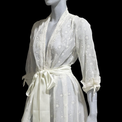 KICKERNICK Lingerie, vintage 1940s Sheer Dressing Gown: White eyelet Robe, Wrap front