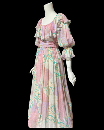FRANK USHER LONDON, vintage 1970s evening dress, Pastel floral chiffon, Off shoulder gown