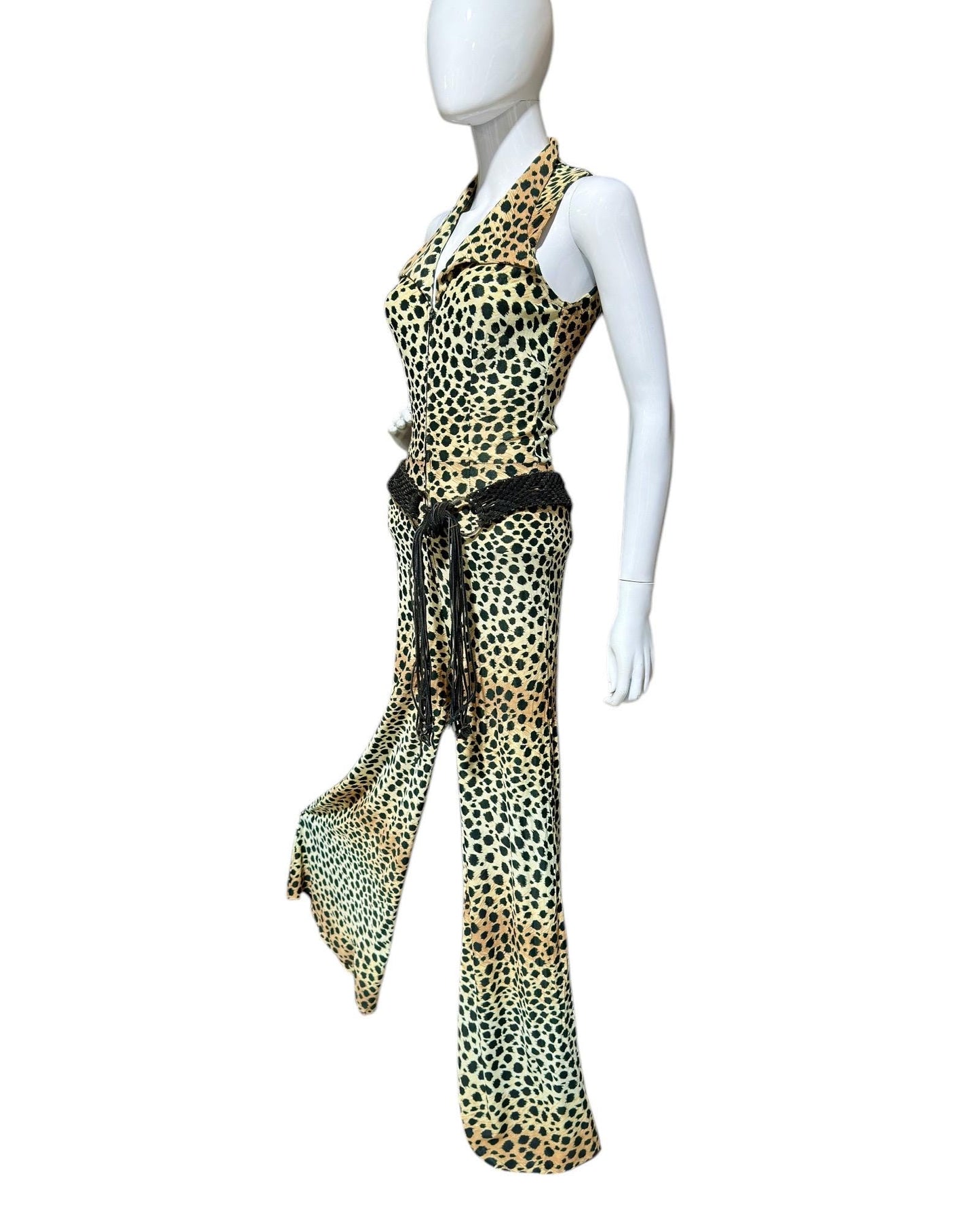 1970s vintage jumpsuit, Animal print BOND GIRL, bell bottom wide leg zip up jump suit