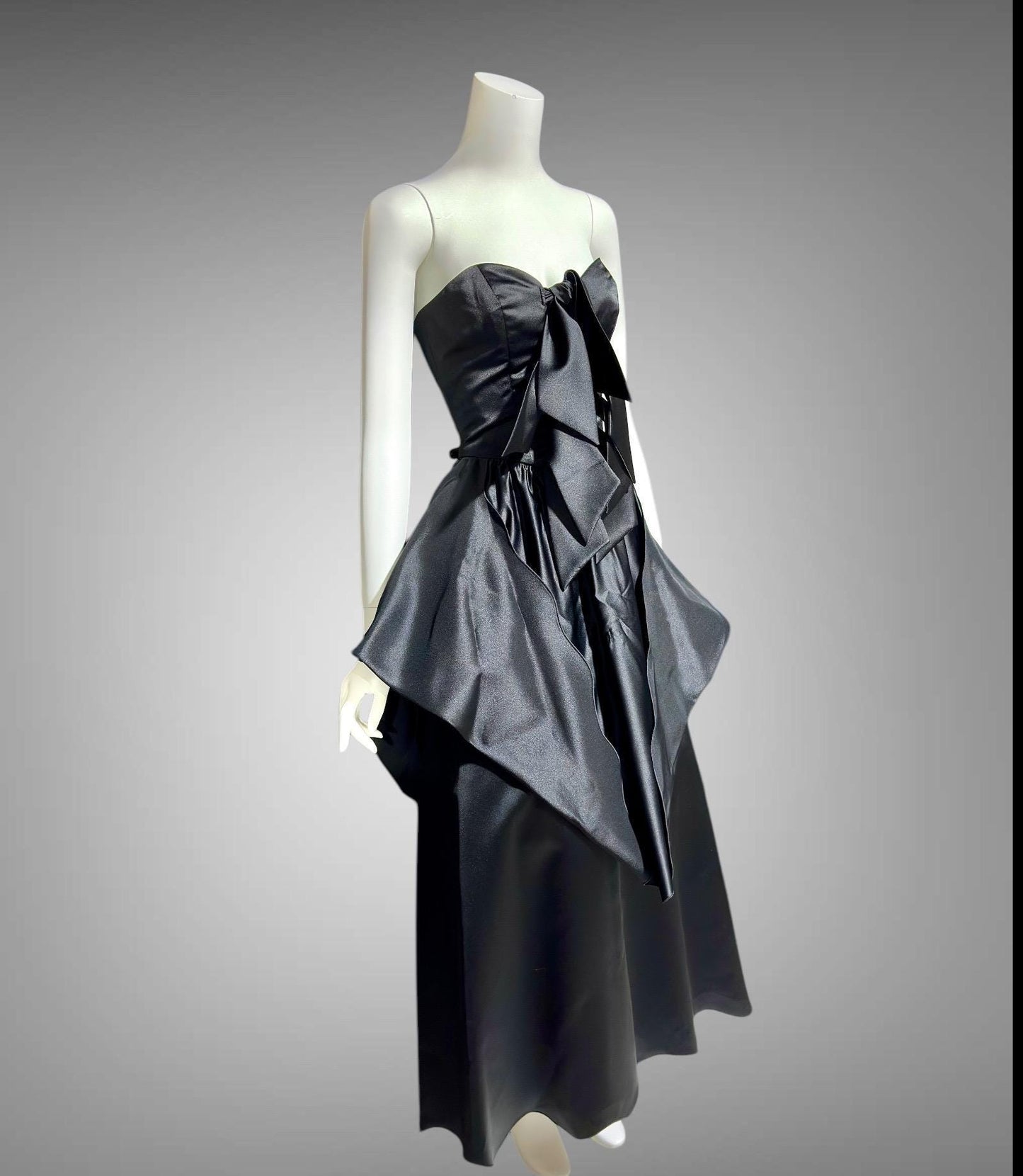 HOLLY HARP vintage 1980s evening ball gown, Black satin architectural peplum party dress