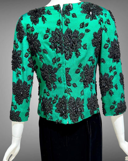 SAKS FIFTH AVE 1960s vintage evening dress, Beaded Black Velvet Green Satin 2 piece long dress