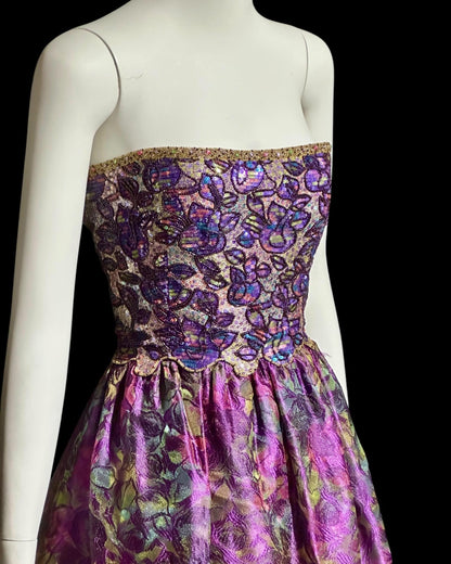 MARY MCFADDEN COUTURE, vintage 1980s evening dress, Saks Fifth Avenue Purple beaded floral ball gown