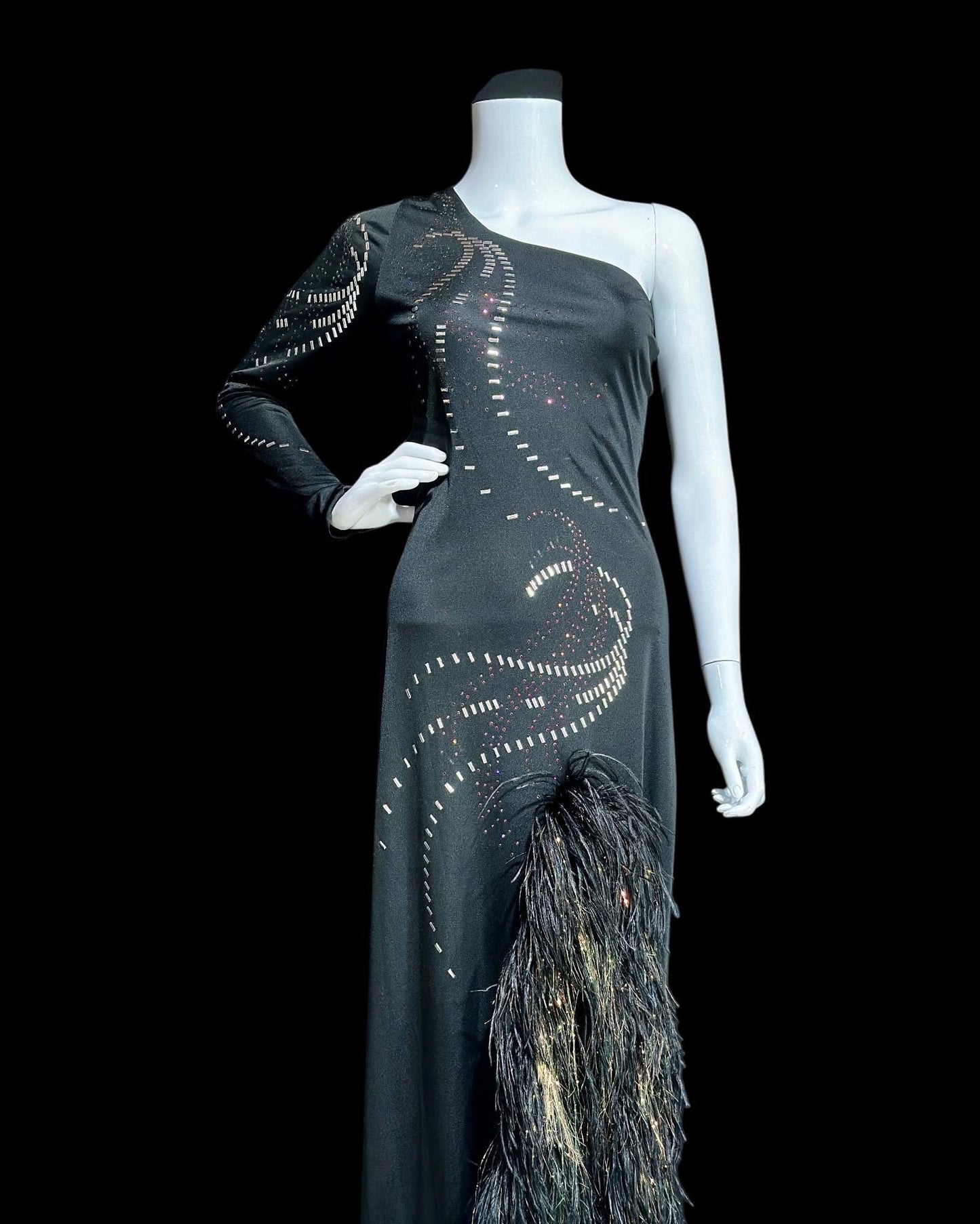 1970s vintage evening gown dress, Black bodycon one shoulder sheath jersey gown, Thigh high slit with Ostrich Feathers