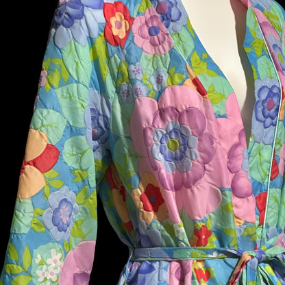 STELLA FAGIN, vintage 1960s Robe, Long Airy Blue and Pink Embossed Flower Wrap Front dressing gown