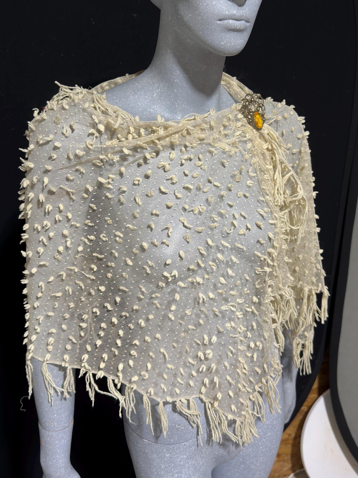 Victorian Edwardian fringed shawl scarf, Creamy White net and yarn Bridal Wrap