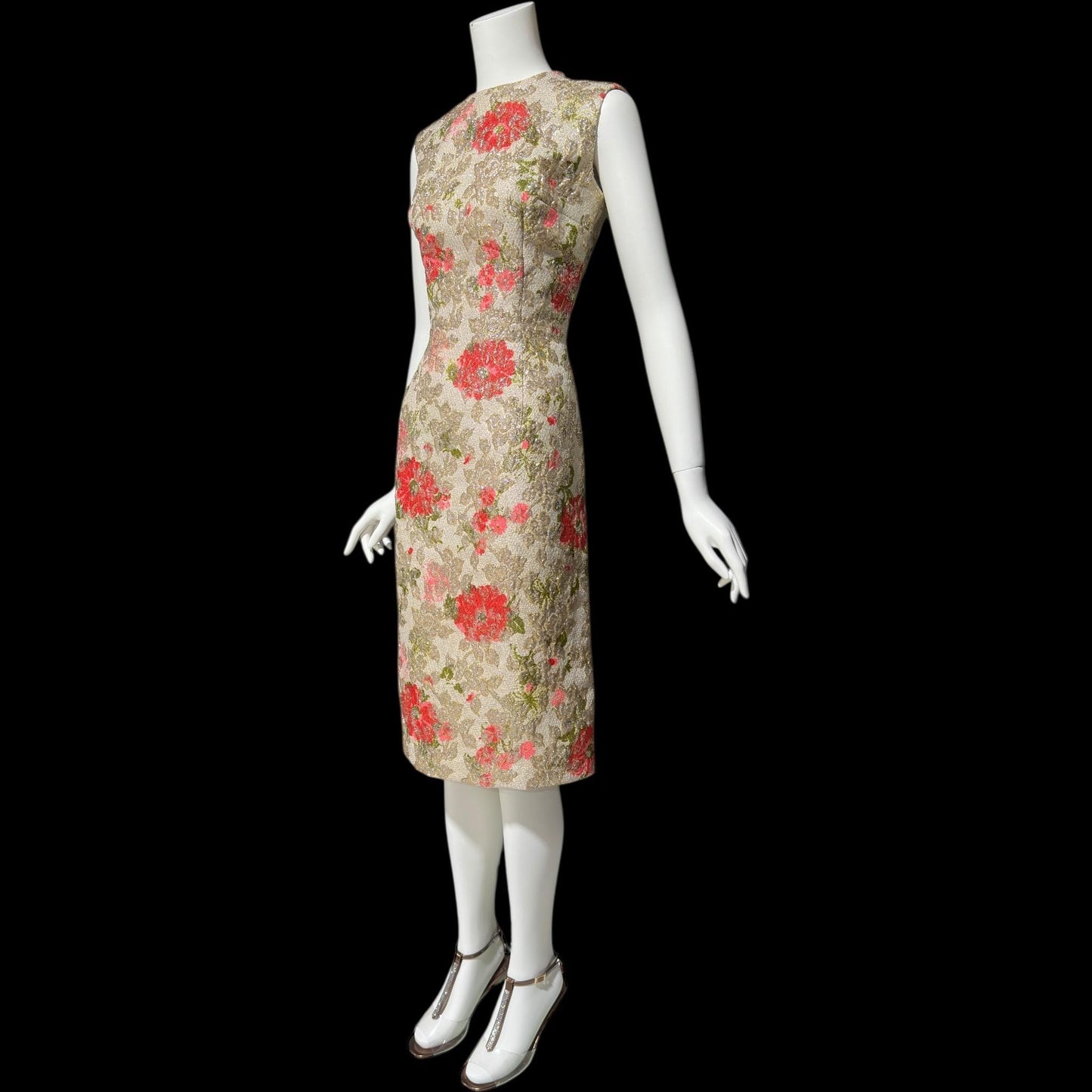 SANDRA SAGE, Vintage 1960s cocktail wiggle dress, red flowers and gold metallic mod dress
