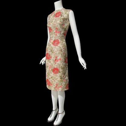 SANDRA SAGE, Vintage 1960s cocktail wiggle dress, red flowers and gold metallic mod dress