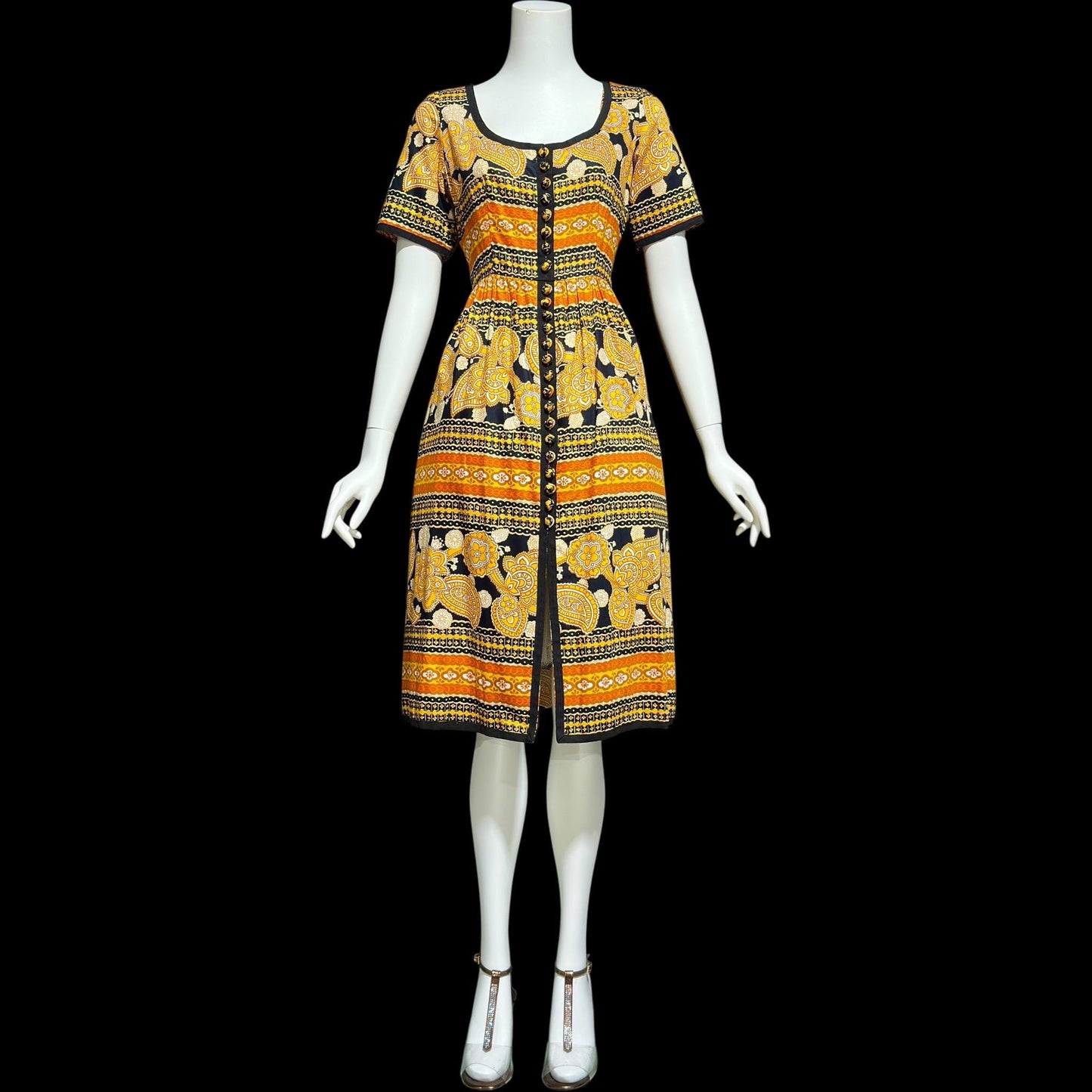 OSCAR de la RENTA, vintage 1960s day dress, Orange and Black Paisley and floral cotton dress