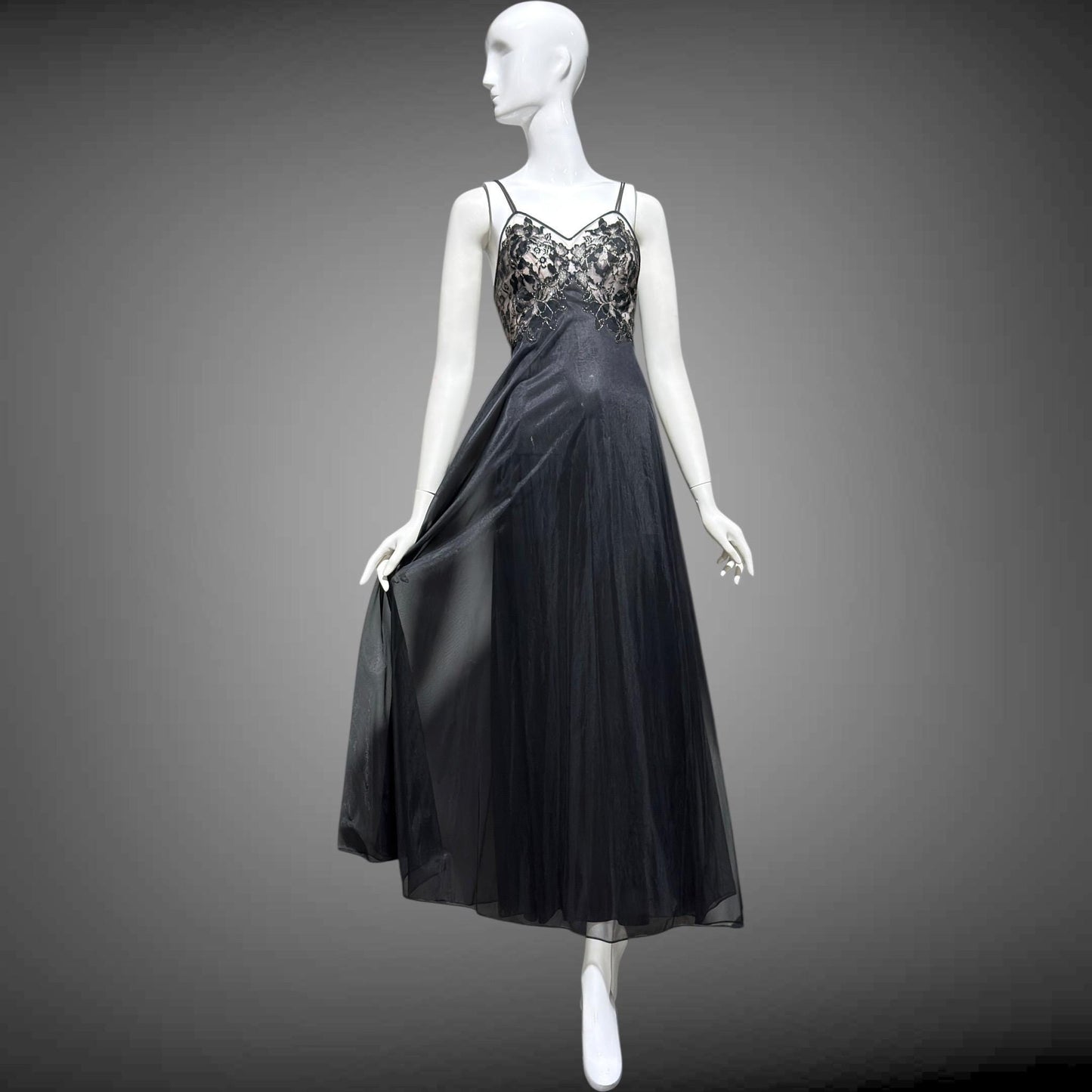 VANITY FAIR Vintage 1950s nightgown slip dress, Black Nylon Metallic Lace Lingerie dress