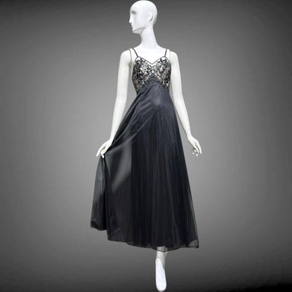 VANITY FAIR Vintage 1950s nightgown slip dress, Black Nylon Metallic Lace Lingerie dress