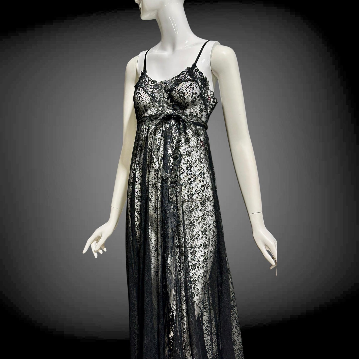 GLYDON'S vintage nightgown slip dress, Hollywood 1960s sheer black lace full length lingerie dress
