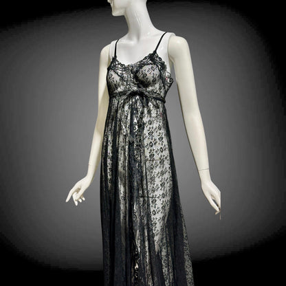 GLYDON'S vintage nightgown slip dress, Hollywood 1960s sheer black lace full length lingerie dress