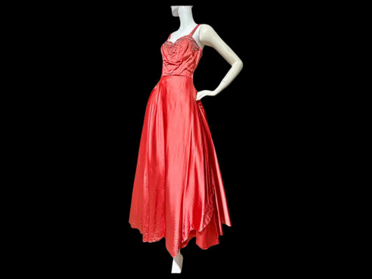 JULIUS GARFINCKEL & CO, vintage 1940s evening dress gown, Coppery Coral Silky Liquid Satin and beads