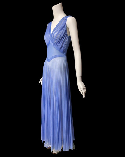 VANITY FAIR, for Julius Garfinckel, vintage 1940s chiffon nightgown, periwinkle sheer full sweep pleated gown