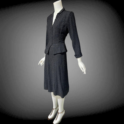 CEIL CHAPMAN vintage 1940s Beaded Evening Suit, Black crepe Cocktail Skirt and Jacket set