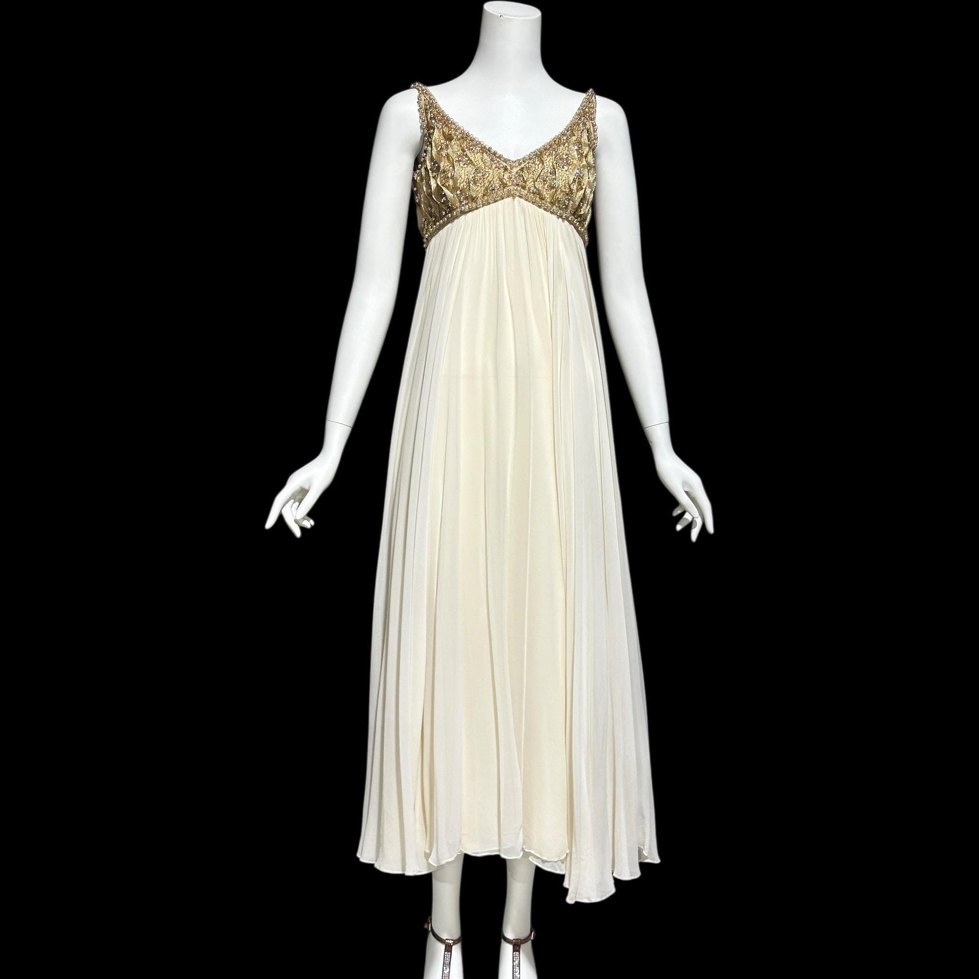 TOWN & COUNTRY vintage 1960s evening dress, white chiffon gold beads sequins wedding bridal gown