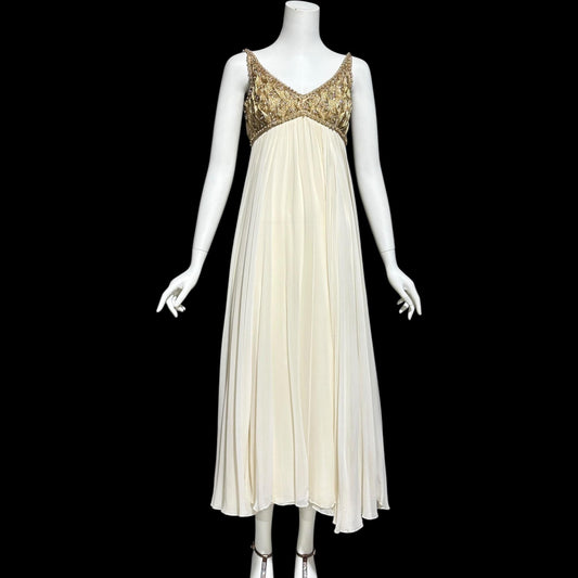 TOWN & COUNTRY vintage 1960s evening dress, white chiffon gold beads sequins wedding bridal gown