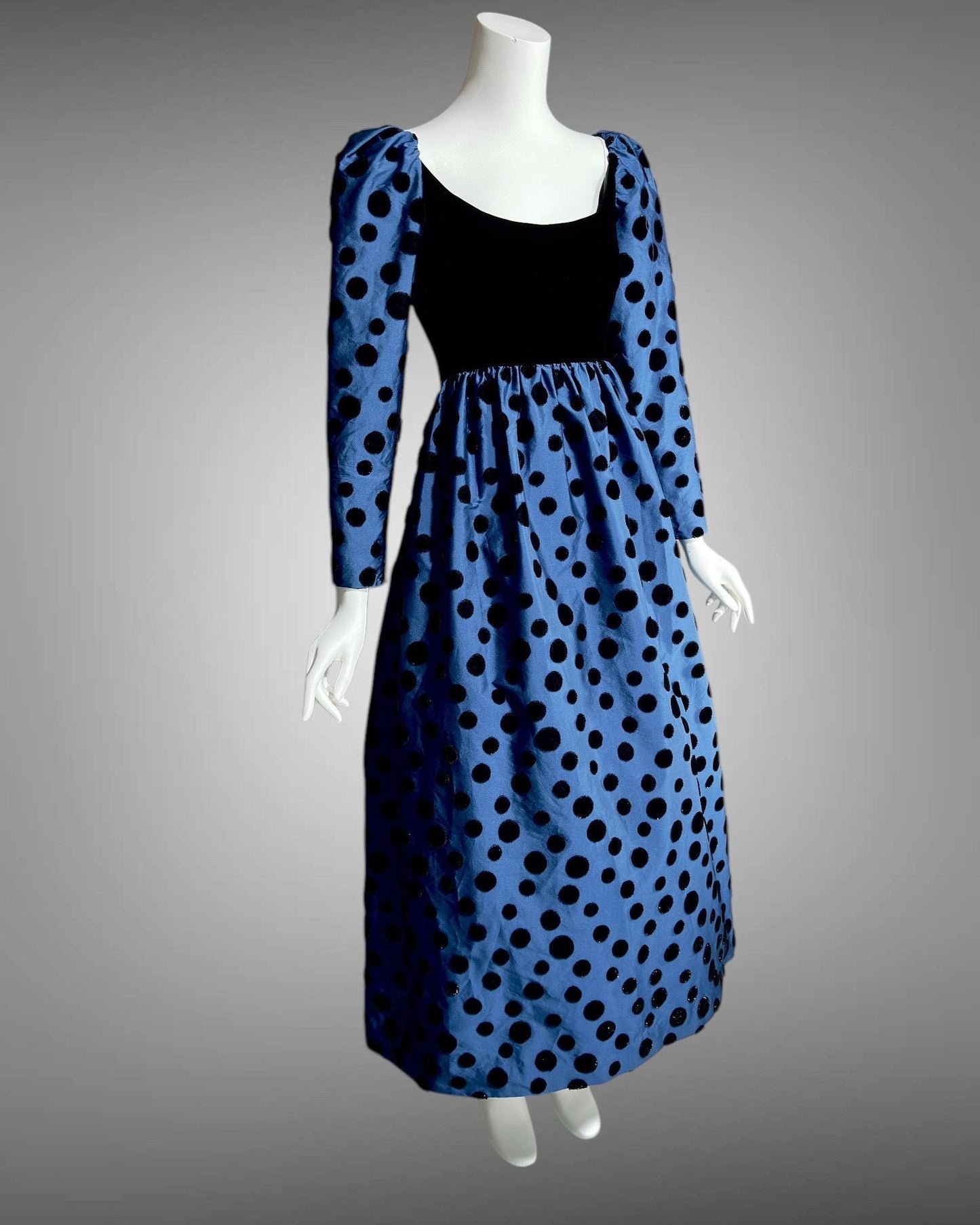 ADELE SIMPSON vintage 1960s evening dress, steel blue taffeta with black velvet flocked polka dots