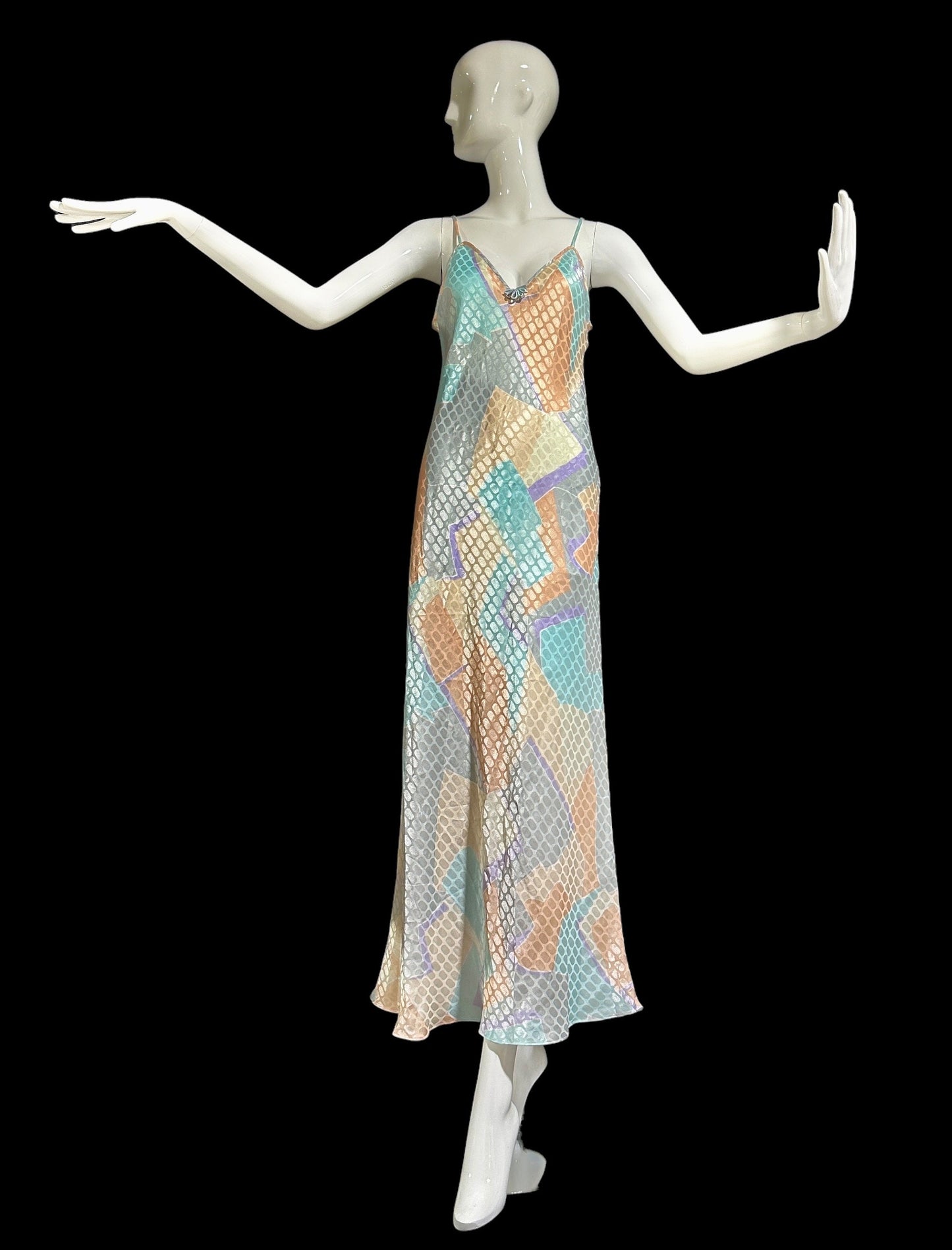 GEORGETTE TRABOLSI vintage 1980s nightgown robe peignoir set, pastel abstract slip dress and dressing robe set