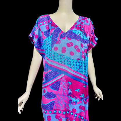 SULTANA by ADINI vintage 1970s caftan dress, blue purple and hot pink op art rayon