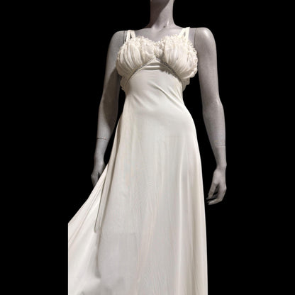 YOLANDE vintage Nightgown slip dress, 1940s white full length ruffled nylon lingerie dress