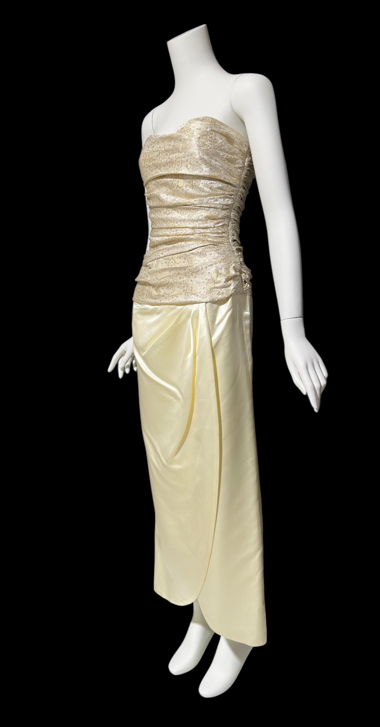 1950s vintage evening dress, Very Marilyn Monroe, Creamy satin with Gold metallic, faux wrap skirt ruched bodice