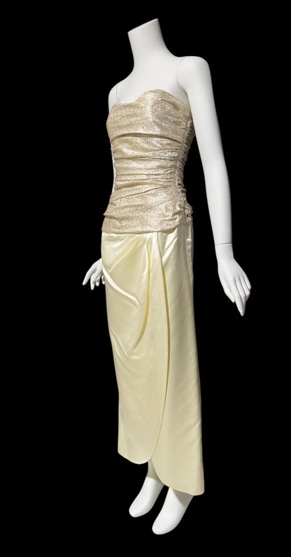 1950s vintage evening dress, Very Marilyn Monroe, Creamy satin with Gold metallic