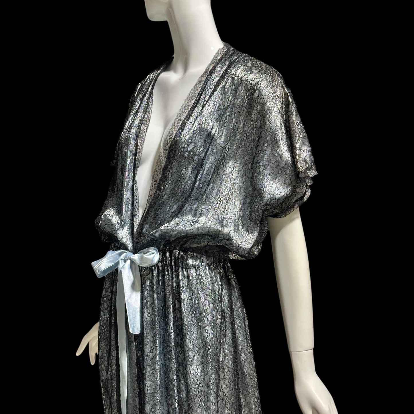 JUVENTA vintage 1930s dressing gown robe, sheer black lace with blue satin peignoir housecoat, Made in France
