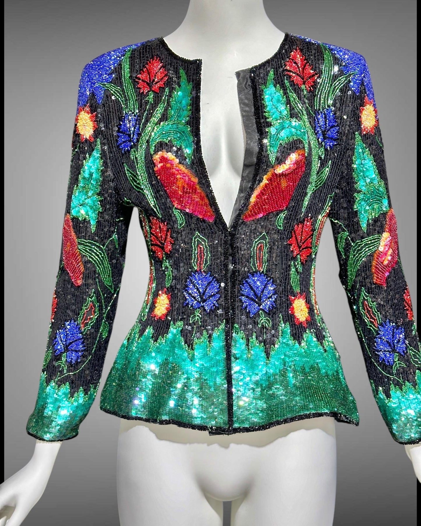 1980s vintage Evening jacket, vibrant jewel tone sequins princess cut elegant cocktail party jacket blouse top