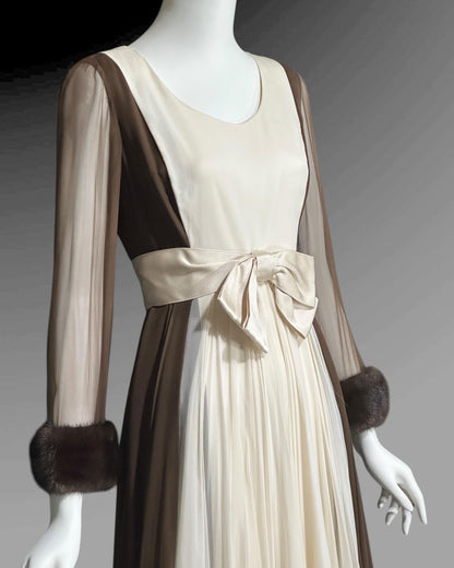 JEAN-LOUIS for I. Magnin, vintage 1960s evening gown, Brown Cream Chiffon cocktail party evening dress