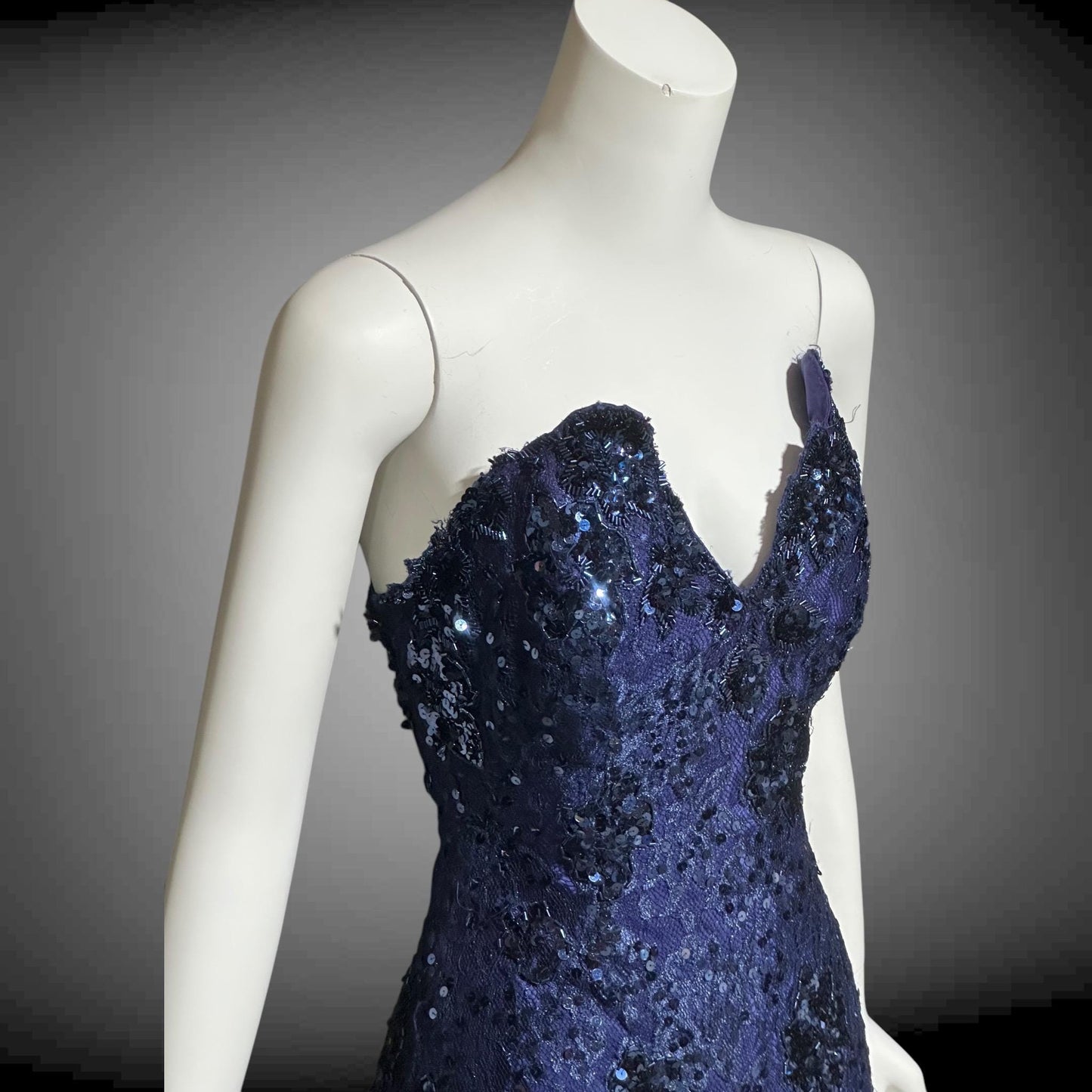 LILLIE RUBIN, vintage 1980s MINI Party Prom cocktail dress, Navy Blue Strapless sequin lace and ostrich feathers