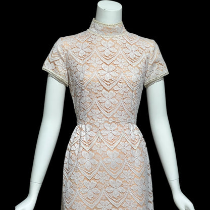 VICTOR COSTA, vintage 1970s evening dress, white and peach lace high neck column dress