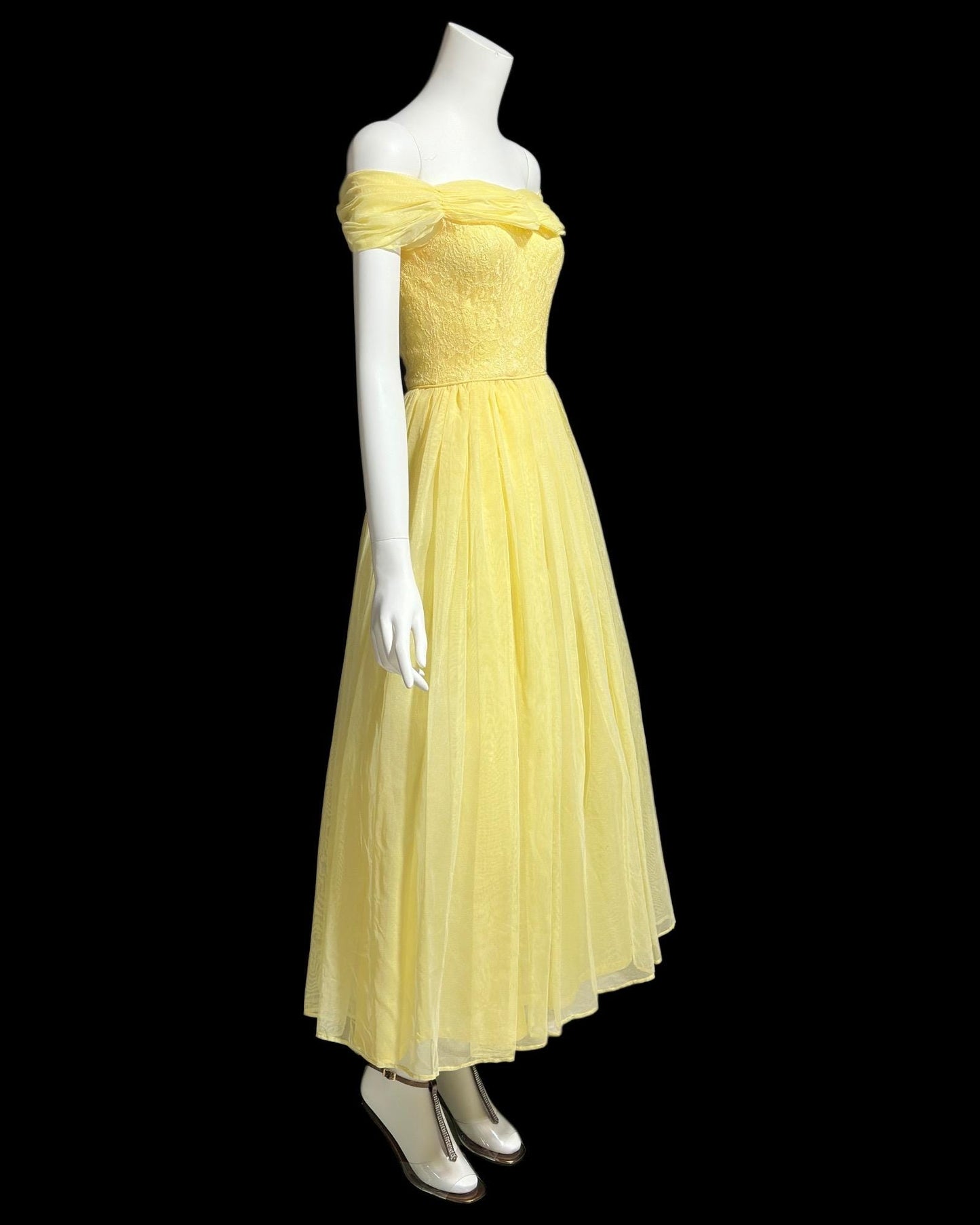 1940s vintage evening prom dress, Yellow mesh cupcake dress, off the shoulder, circle skirt