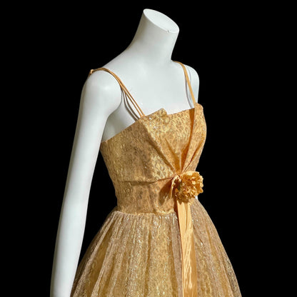 1950s vintage party dress, Peachy Copper sparkly metallic net tulle cocktail evening dress