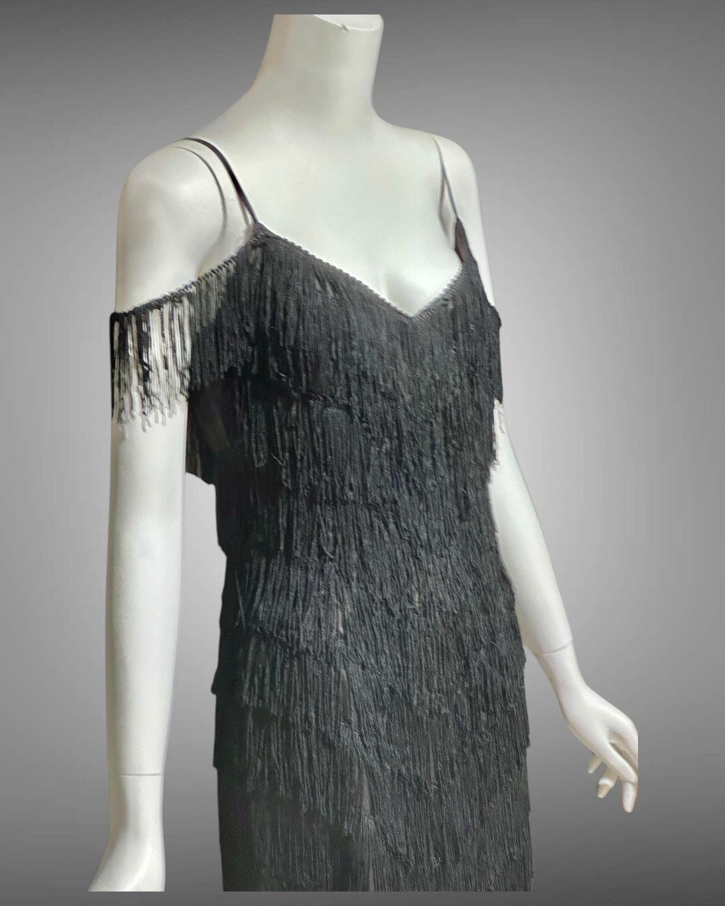 TD4 vintage 1980s Fringed evening cocktail dress, black mini party flapper slip dress