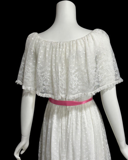 RICHILENE New York, vintage 1970s evening dress, white lace ruffle collar wedding gown