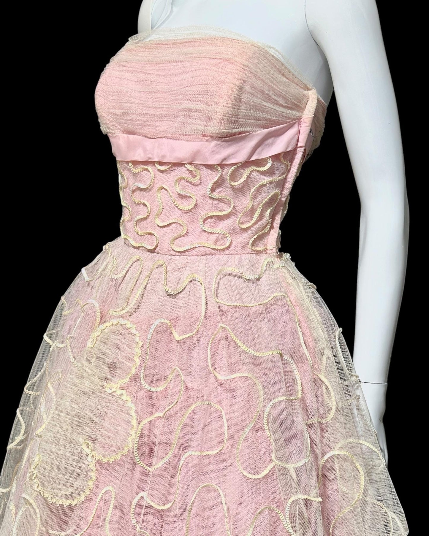 WILL STEINMAN, vintage 1950s Pink tulle and sequins prom dress, cupcake meringue tea length gown