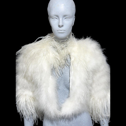 1980s Vintage marabou feather jacket, Snowy white marabou with ostrich feathers cropped wedding evening jacket