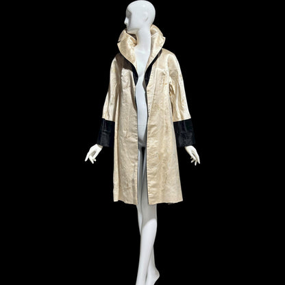 1950s Vintage evening swing coat, Reversible pearl and black shiny silk damask butterfly opera coat