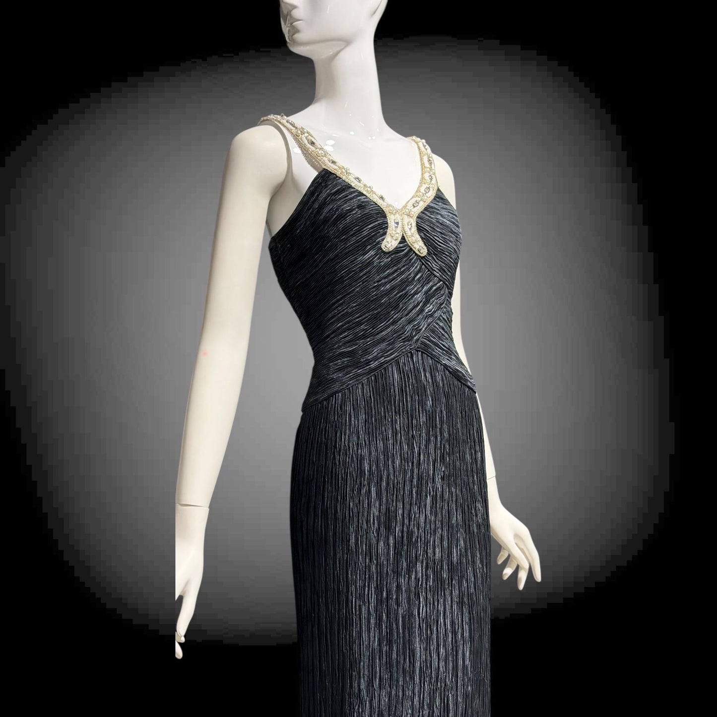 MARY MCFADDEN COUTURE vintage 1980s evening dress, I.Magnin black beaded plisse pleats gown