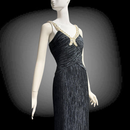 MARY MCFADDEN COUTURE vintage 1980s evening dress, I.Magnin black beaded plisse pleats gown