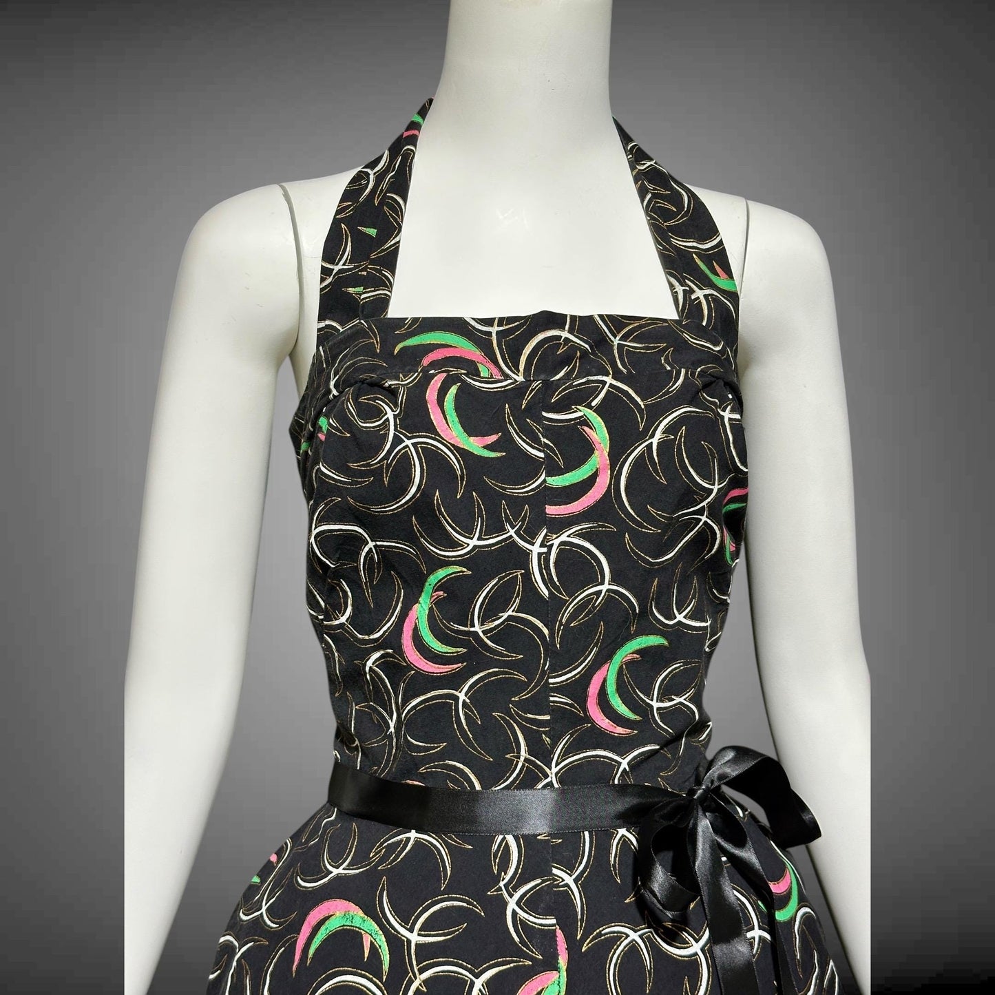 1950s vintage day dress, Shelf bust Halter Sundress, Black and pink cotton pinup dress