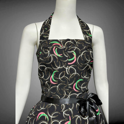 1950s vintage day dress, Shelf bust Halter Sundress, Black and pink cotton pinup dress