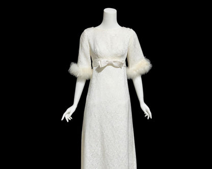 1960s vintage wedding dress gown, shimmering pearly white damask & marabou feathers bridal evening dress